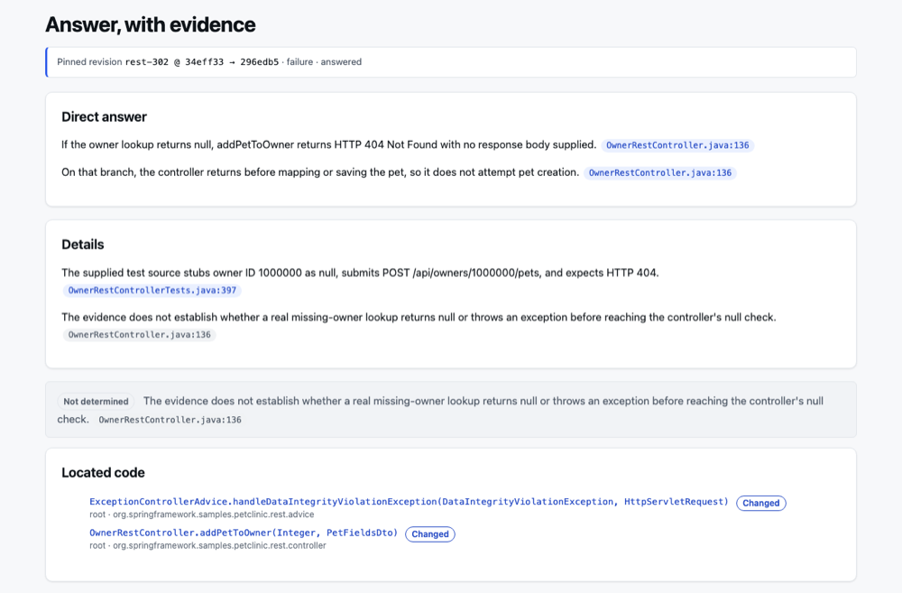 A saved Debreef answer to the question of what happens when a client adds a pet to an owner id that does not exist. The direct answer says addPetToOwner returns HTTP 404 when the owner lookup returns null, cites OwnerRestController.java line 136, and lists what the evidence does not establish.