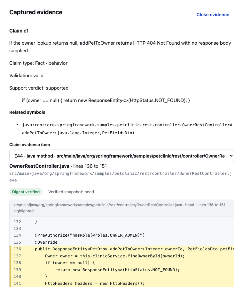 The evidence panel for that answer: claim c1, validation valid, support verdict supported, the quoted line if owner equals null return NOT_FOUND, and OwnerRestController.java lines 136 to 151 highlighted with Digest verified.